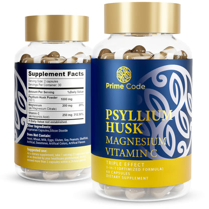 Prime Code Psyllium Husk Capsules 1000mg with Magnesium Citrate & Vitamin C | Non-GMO, Gluten & Soy Free | Vegan