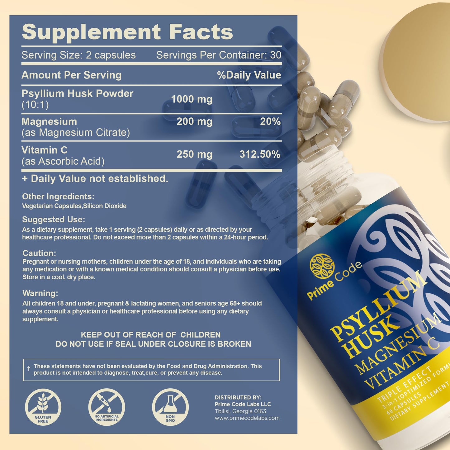 Prime Code Psyllium Husk Capsules 1000mg with Magnesium Citrate & Vitamin C | Non-GMO, Gluten & Soy Free | Vegan