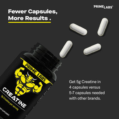 Prime Labs Creatine Monohydrate Capsules 5g - 120 Count | Muscle Growth, Recovery & Brain Function