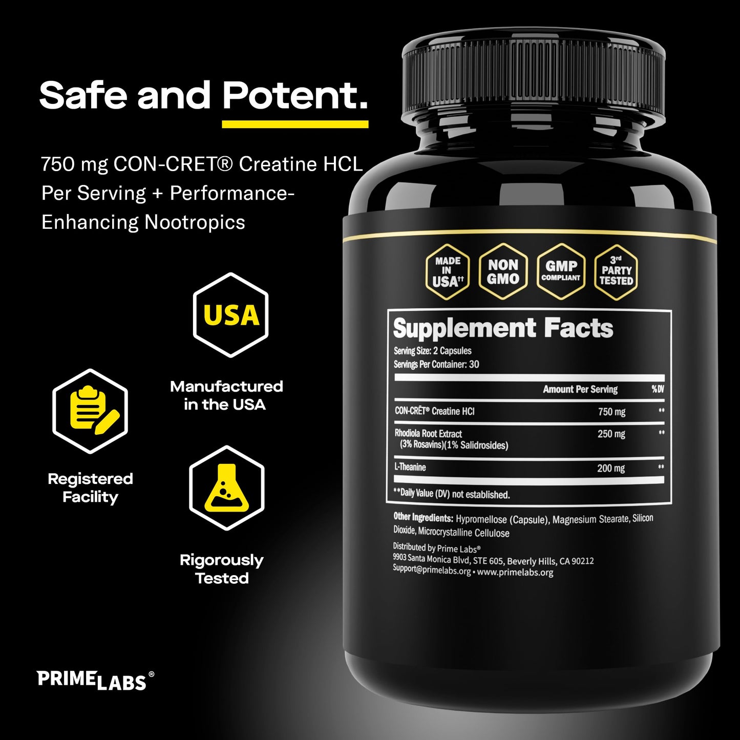 Prime Labs Creatine HCl Capsules – CON-CRĒT, Rhodiola Root Extract & L-Theanine | Muscle Support, Endurance & Cognitive Function – For Men & Women – 60 Pills