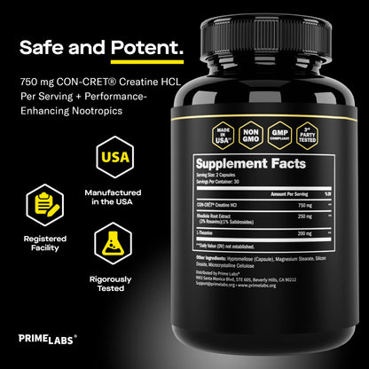 Prime Labs Creatine HCl Capsules – CON-CRĒT, Rhodiola Root Extract & L-Theanine | Muscle Support, Endurance & Cognitive Function – For Men & Women – 60 Pills