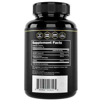 Prime Labs Creatine HCl Capsules – CON-CRĒT, Rhodiola Root Extract & L-Theanine | Muscle Support, Endurance & Cognitive Function – For Men & Women – 60 Pills