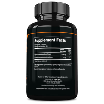 Prime Labs Organic Black Maca Root Capsules 1200mg – 60 Count | Peruvian 20:1 Extract