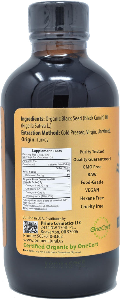 Prime Natural Organic Black Seed Oil 4oz – Cold Pressed, 1.7% Thymoquinone, USDA Organic, Turkish Origin