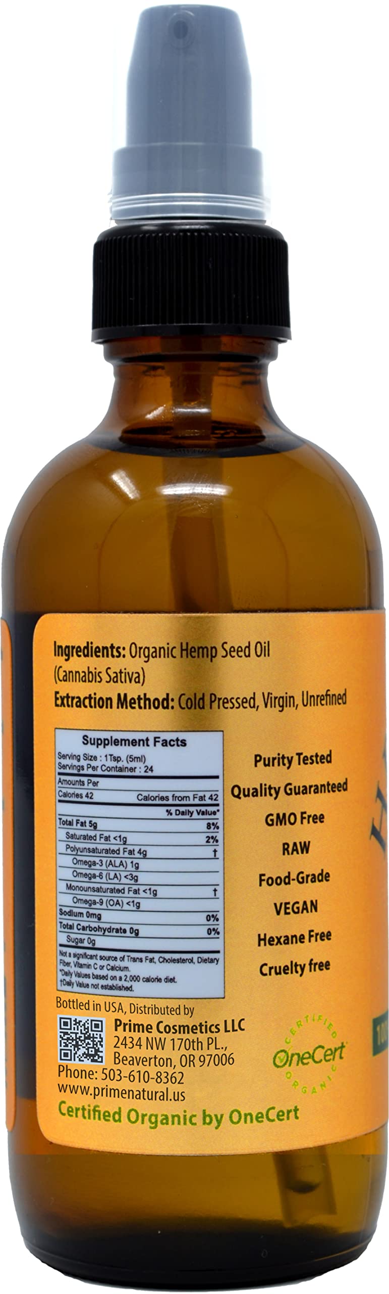 Prime Natural Organic Hemp Seed Oil 4oz - USDA Certified | Cold-Pressed Sativa Oil | Vegan, Food Grade
