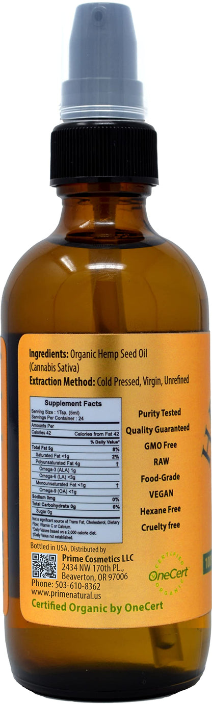 Prime Natural Organic Hemp Seed Oil 4oz - USDA Certified | Cold-Pressed Sativa Oil | Vegan, Food Grade