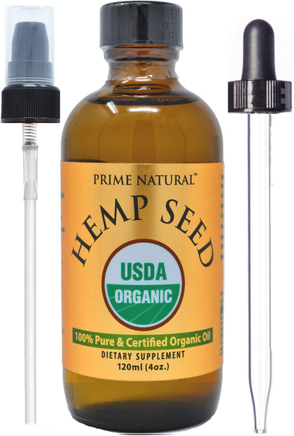 Prime Natural Organic Hemp Seed Oil 4oz - USDA Certified | Cold-Pressed Sativa Oil | Vegan, Food Grade
