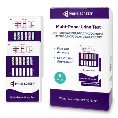 Prime Screen 5-Pack 12-Panel Urine Drug Test Kit (AMP, BAR, BUP, BZO, COC, mAMP, MDMA, MOP, MTD, OXY, PCP, THC) – WDOA-6125