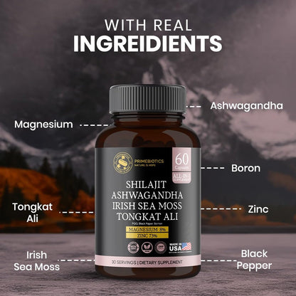 PRIMEBIOTICS All-in-1 Shilajit Supplement with Ashwagandha – 60 Capsules
