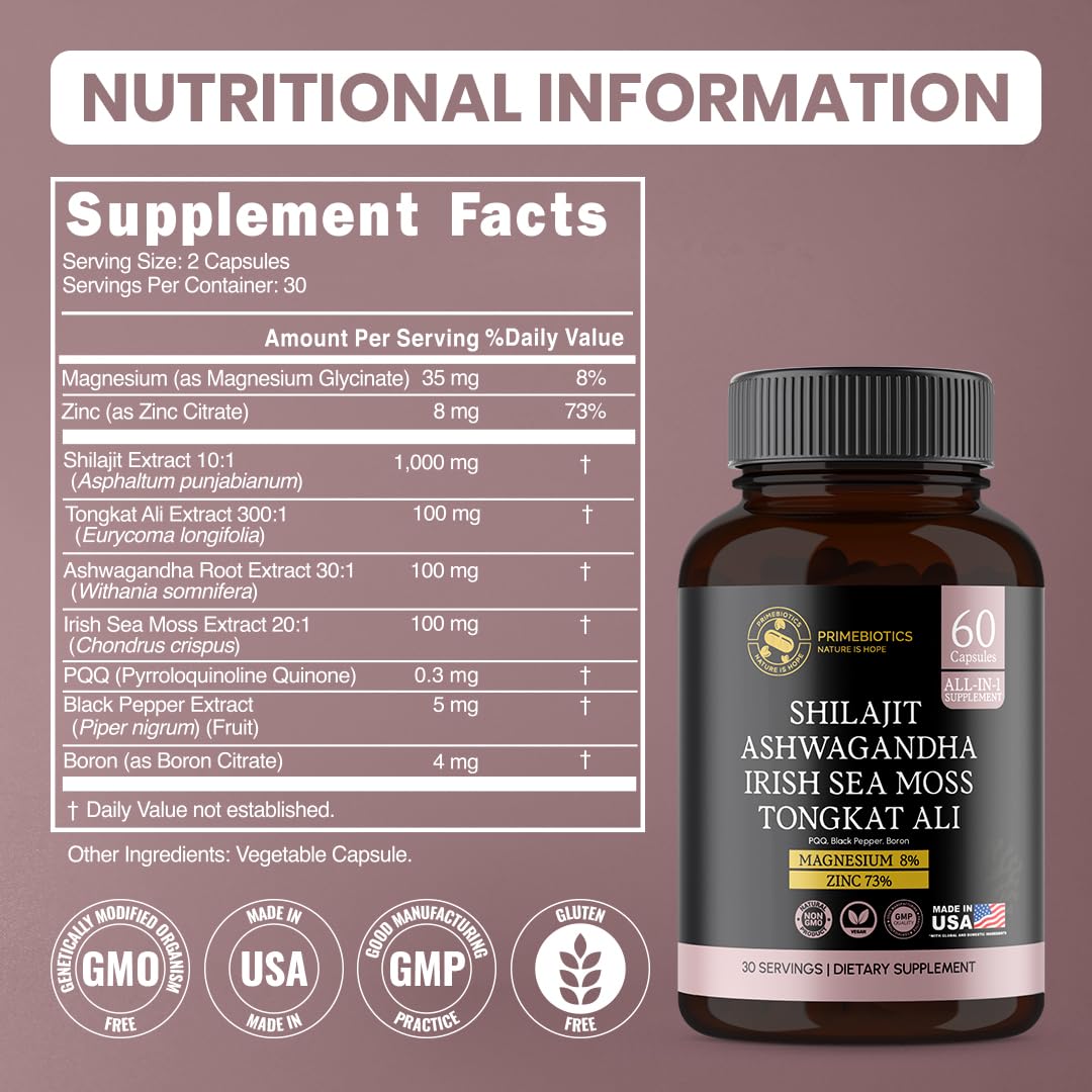 PRIMEBIOTICS All-in-1 Shilajit Supplement with Ashwagandha – 60 Capsules
