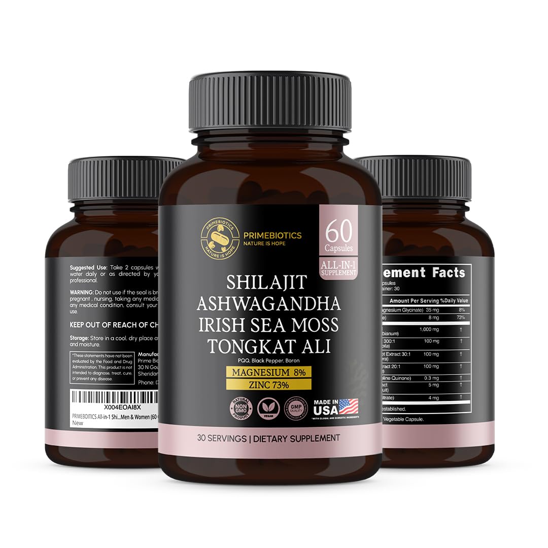 PRIMEBIOTICS All-in-1 Shilajit Supplement with Ashwagandha – 60 Capsules