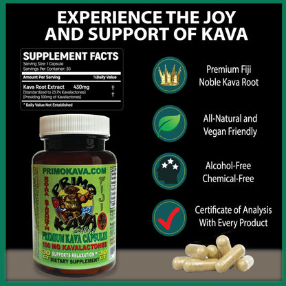 PRIMO KAVA Kava Capsules – Authentic Fiji Kava | 100mg Kavalactones | 30 Count