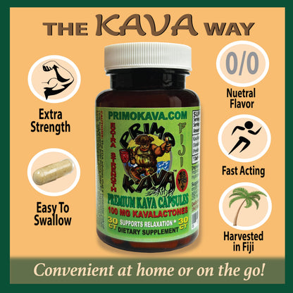 PRIMO KAVA Kava Capsules – Authentic Fiji Kava | 100mg Kavalactones | 30 Count
