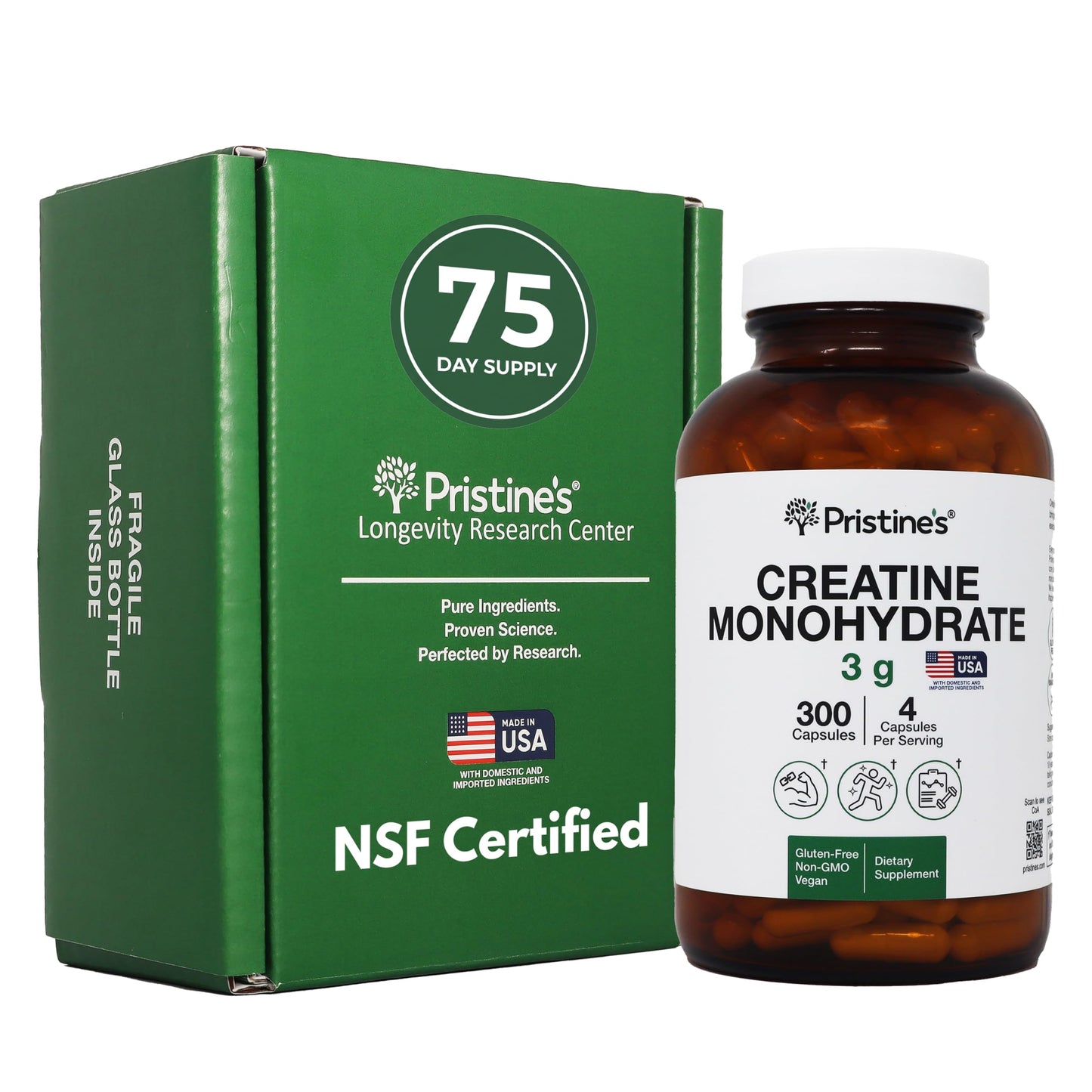 PRISTINE'S Creatine Monohydrate Capsules – NSF Certified, 75 Day Supply, 3G Muscle Growth & Recovery