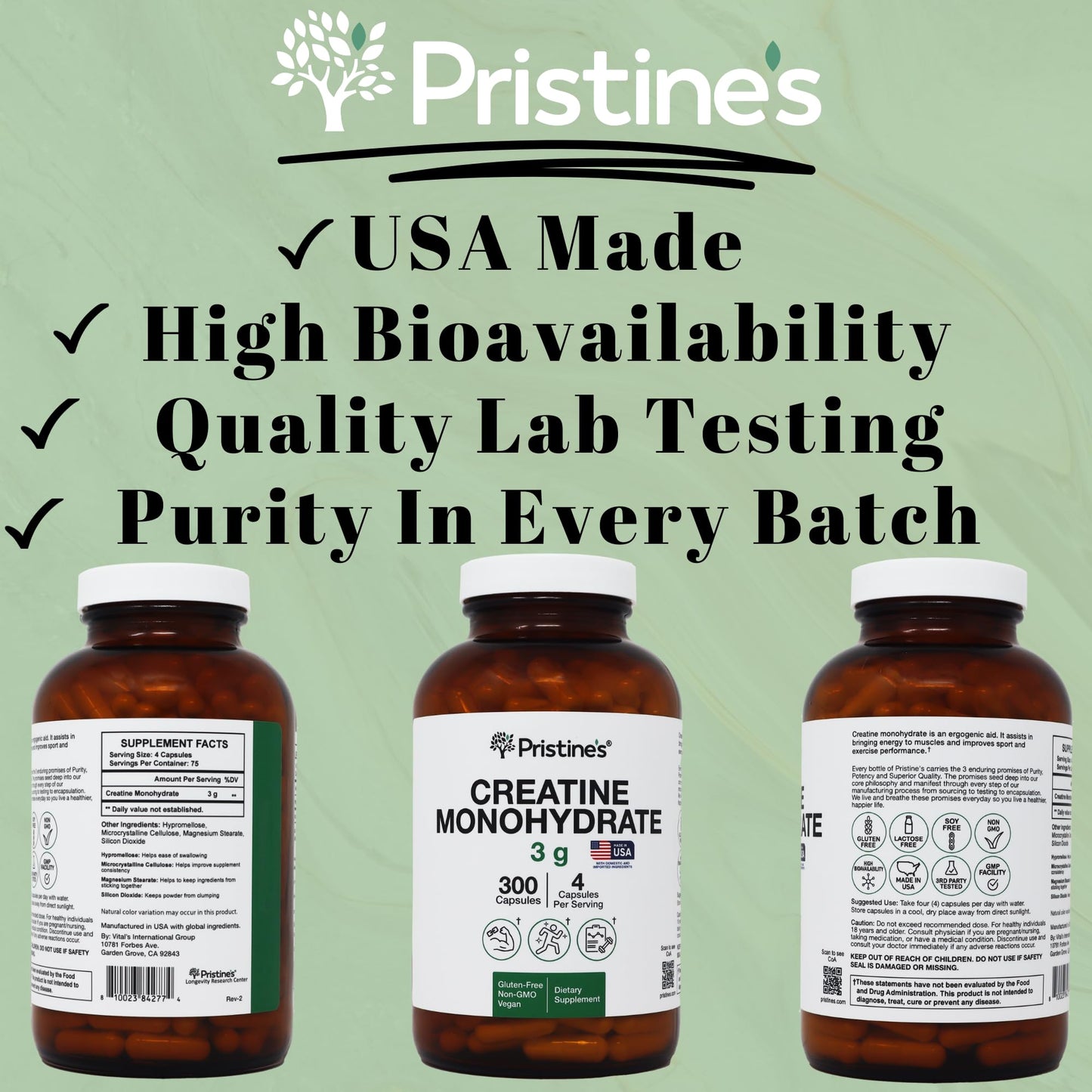 PRISTINE'S Creatine Monohydrate Capsules – NSF Certified, 75 Day Supply, 3G Muscle Growth & Recovery