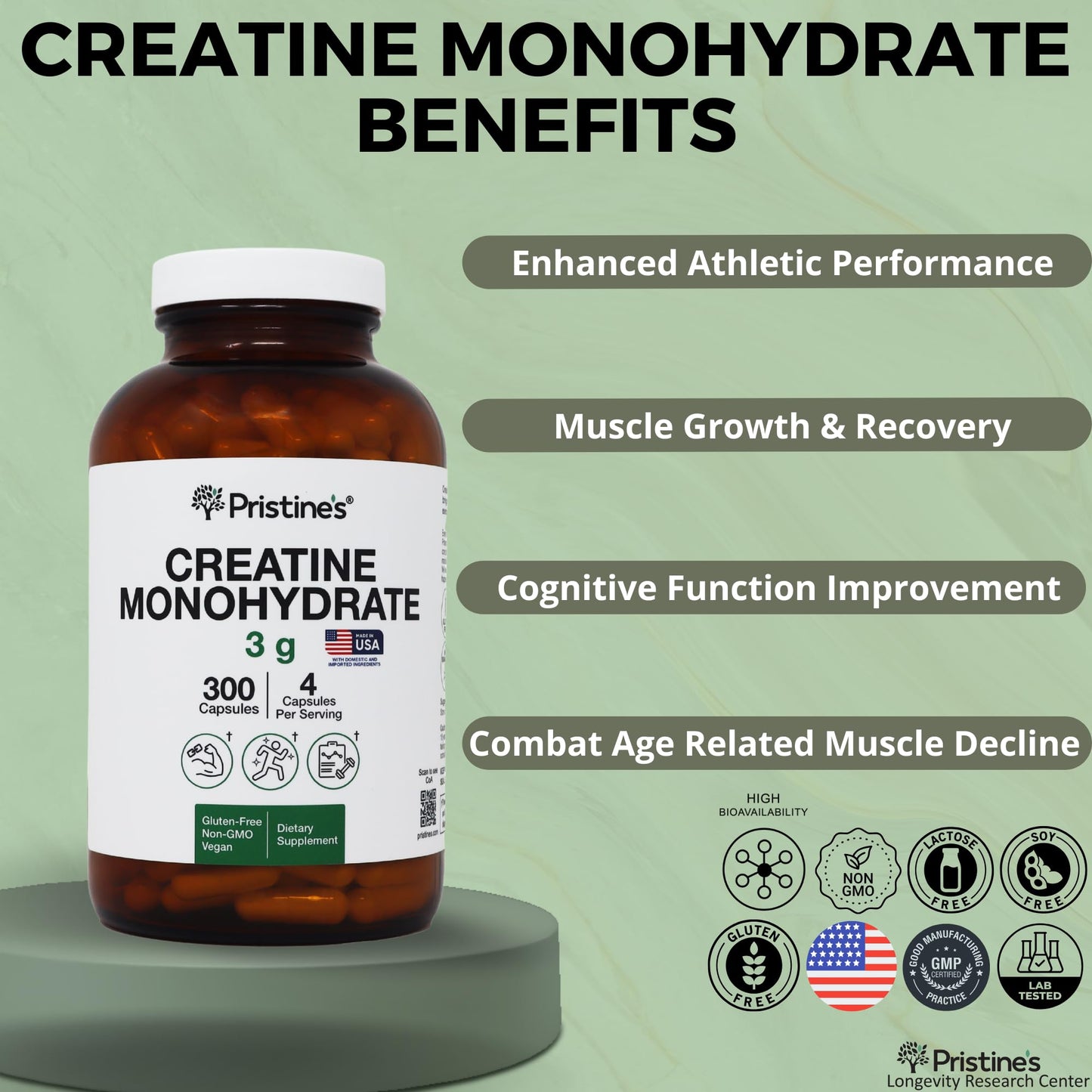 PRISTINE'S Creatine Monohydrate Capsules – NSF Certified, 75 Day Supply, 3G Muscle Growth & Recovery