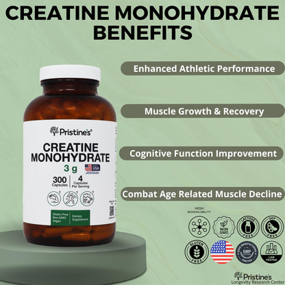 PRISTINE'S Creatine Monohydrate Capsules – NSF Certified, 75 Day Supply, 3G Muscle Growth & Recovery