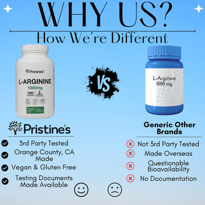 PRISTINE'S L Arginine 1000mg Capsules | 90 Day Supply | Nitric Oxide & Pre-Workout