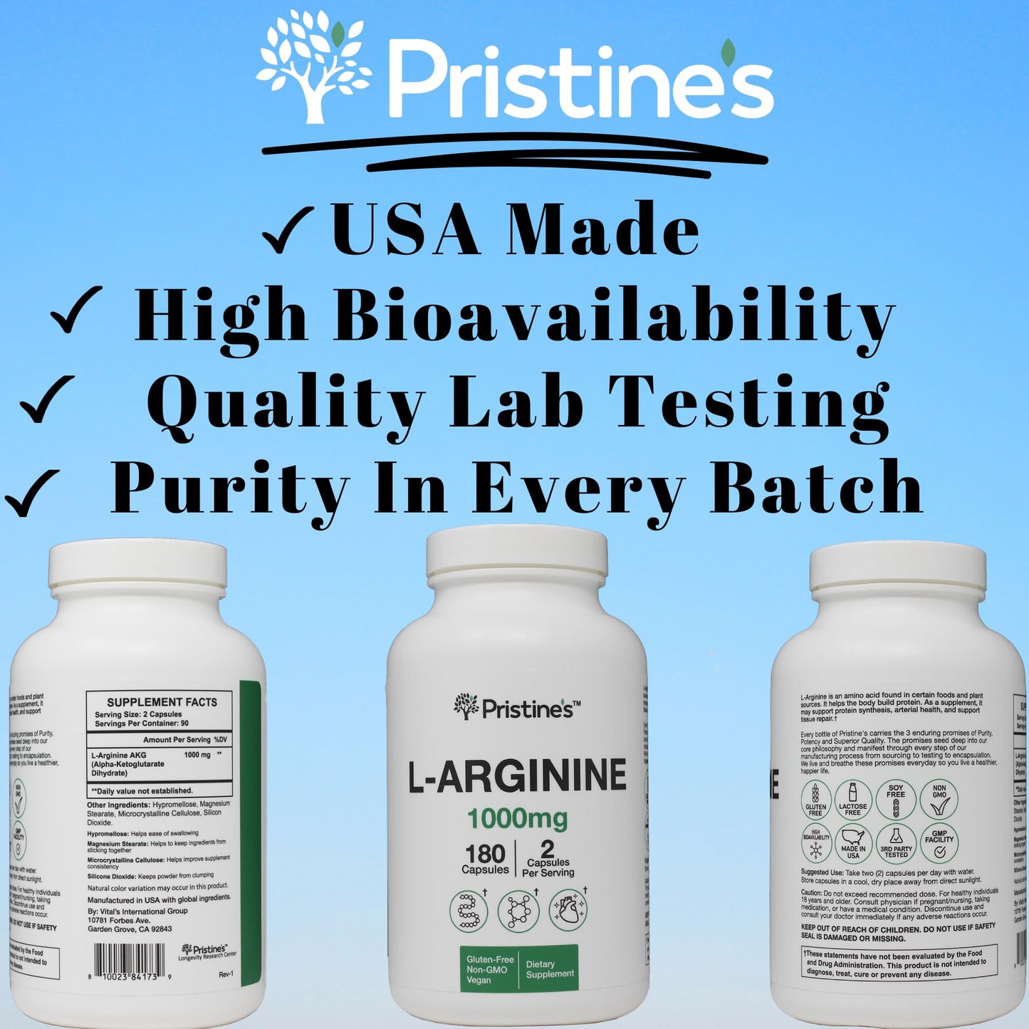 PRISTINE'S L Arginine 1000mg Capsules | 90 Day Supply | Nitric Oxide & Pre-Workout