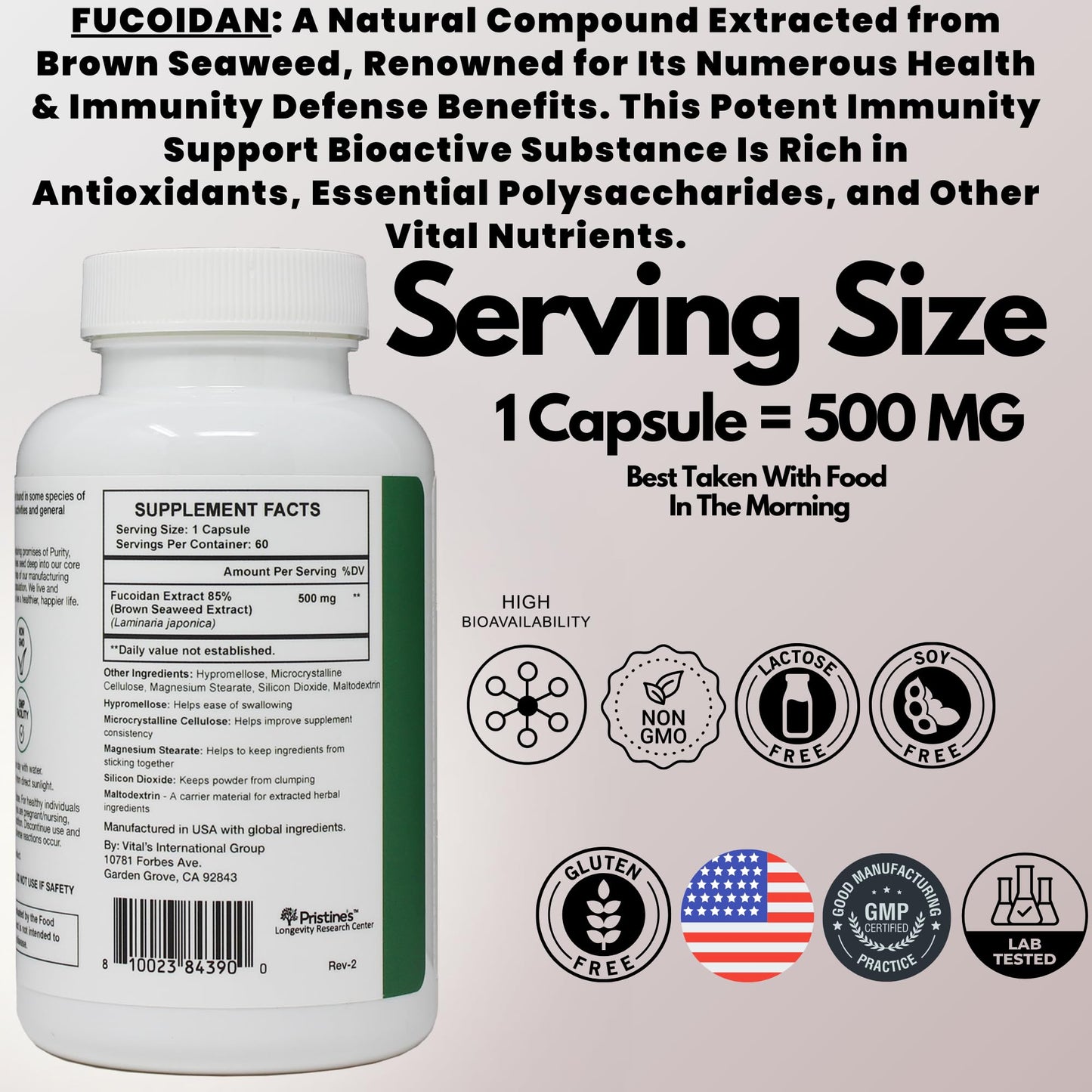 PRISTINE'S Fucoidan 500MG Immunity Supplement - 60 Day Supply