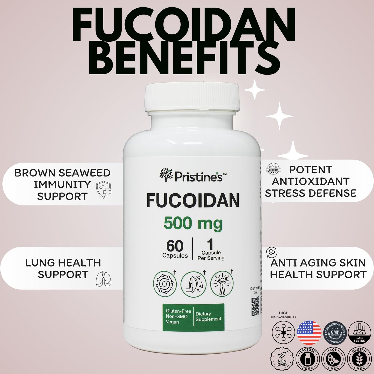 PRISTINE'S Fucoidan 500MG Immunity Supplement - 60 Day Supply