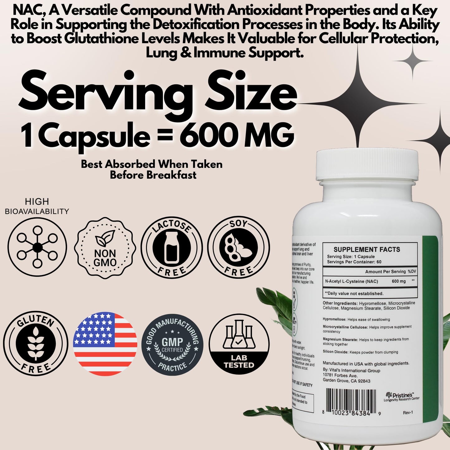 N-Acetyl L-Cysteine (NAC) Immunity, Lung & Liver Support - 600mg, 60 Day Supply | Vegan, Gluten Free, Non-GMO