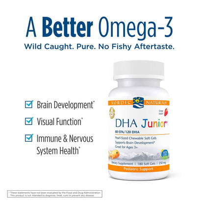 Nordic Naturals Pro DHA Junior Strawberry – 180 Mini Chewables, 250 mg Omega-3s, Brain & Visual Support – Non-GMO