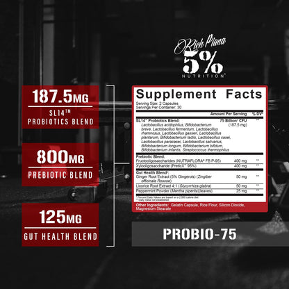 5% Nutrition Rich Piana Probio-75 Billion CFUs | Vegan, 14 Unique Strains