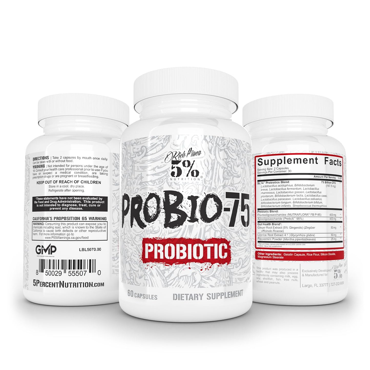 5% Nutrition Rich Piana Probio-75 Billion CFUs | Vegan, 14 Unique Strains