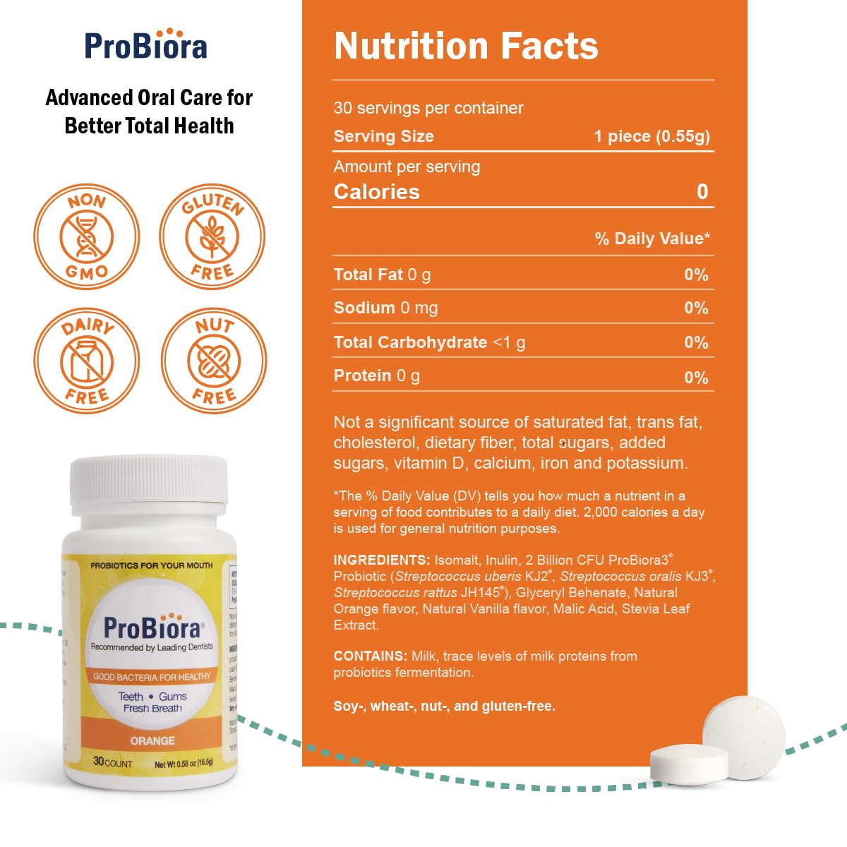 ProBiora Oral-Care Probiotic Tablets – 30 Count (Orange) | Probiotic Dental Supplement