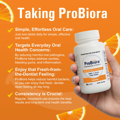 ProBiora Professional Strength Oral Probiotics for Teeth & Gums | Bad Breath & Whitening | 90 Orange Tablets