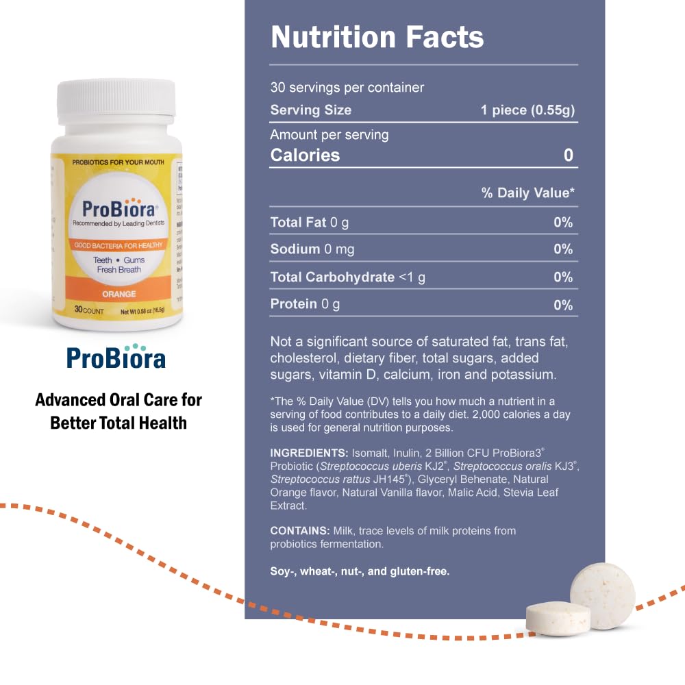 ProBiora Oral-Care Probiotic Tablets – 2 x 30-Count Orange Flavor for Fresh Breath, Whiter Teeth