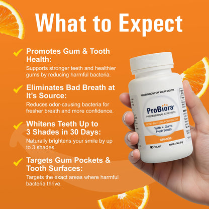 ProBiora Professional Strength Oral Probiotics for Teeth & Gums | Bad Breath & Whitening | 90 Orange Tablets