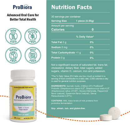 ProBiora Probiotics for Teeth & Gums – Patented ProBiora3, Whitening, Bad Breath Treatment, 30 Mint Tablets