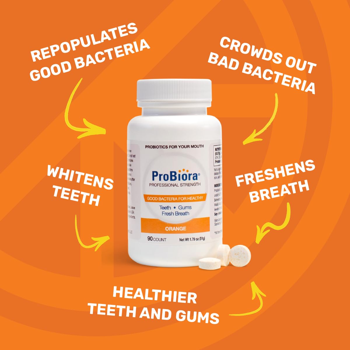 ProBiora Professional Strength Oral Probiotics for Teeth & Gums | Bad Breath & Whitening | 90 Orange Tablets