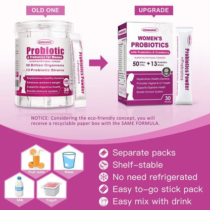 Probiorics for Women Probiotics Powder – 50B CFUs, 13 Strains, Prebiotics & Cranberry | 30-Day Supply