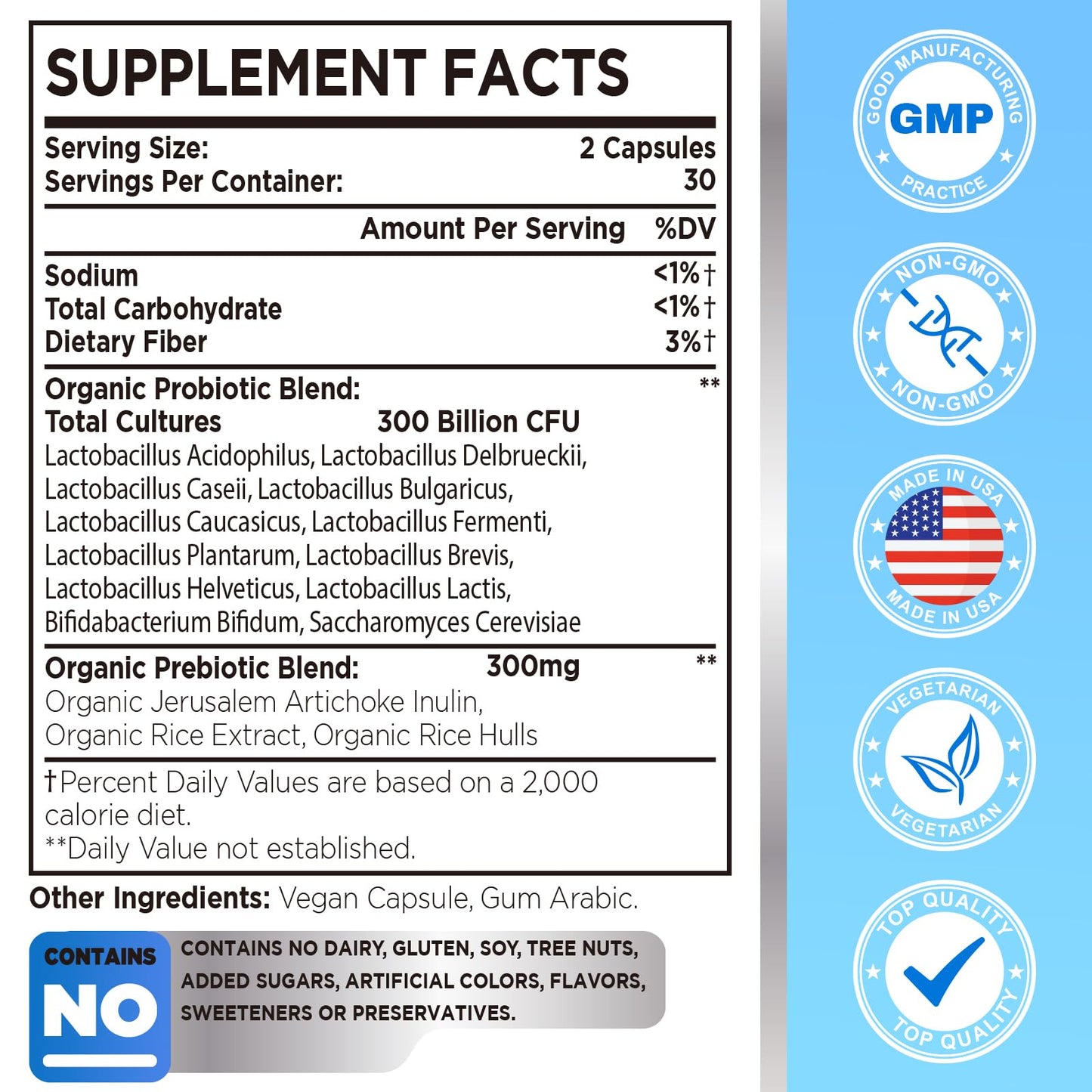 300 Billion CFU Probiotic – 12 Strains + 3 Prebiotics, Vegan