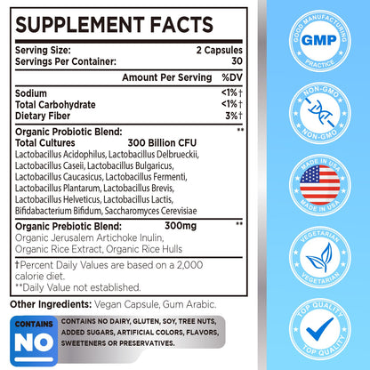 300 Billion CFU Probiotic – 12 Strains + 3 Prebiotics, Vegan