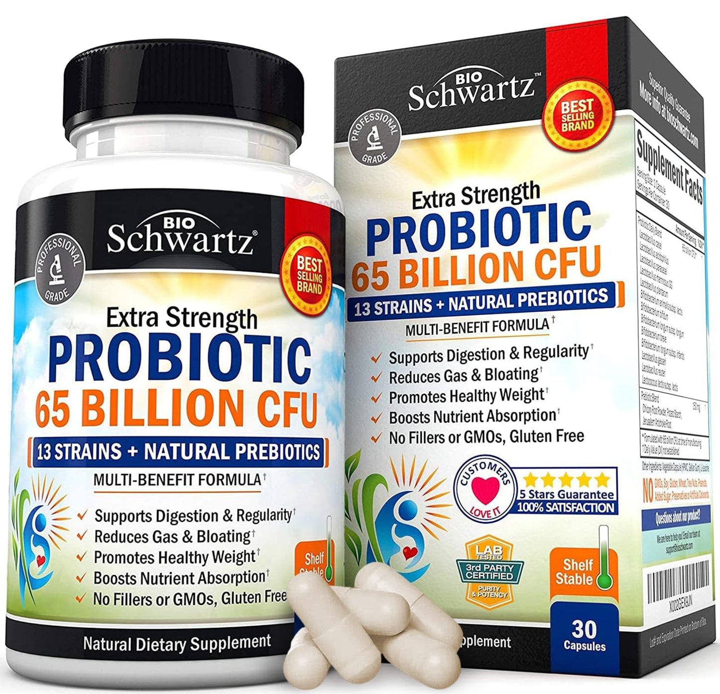 Probiotic 65 Billion with Prebiotic – Digestive Health Capsules (30ct) | Lactobacillus Acidophilus