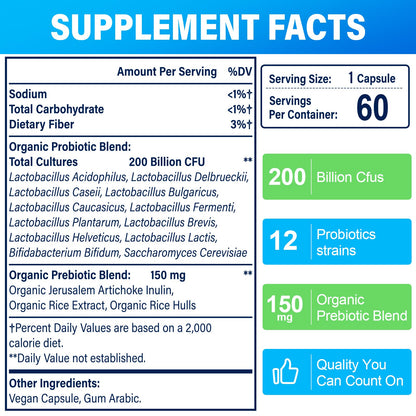 200 Billion CFU Probiotic – 12 Strains + 3 Organic Prebiotics, 240 Caps (240-Day), Non-GMO