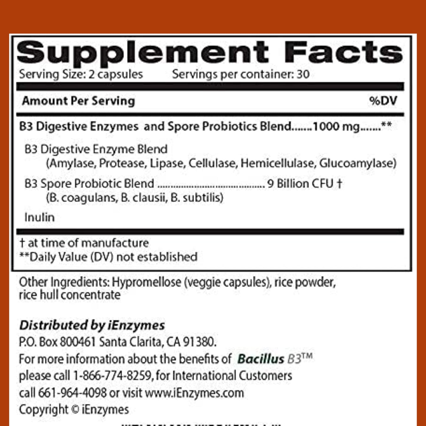 New Bacillus B3 Probiotic Complex & Enzymes – 60 Capsules (100% Spore-Based SBO)
