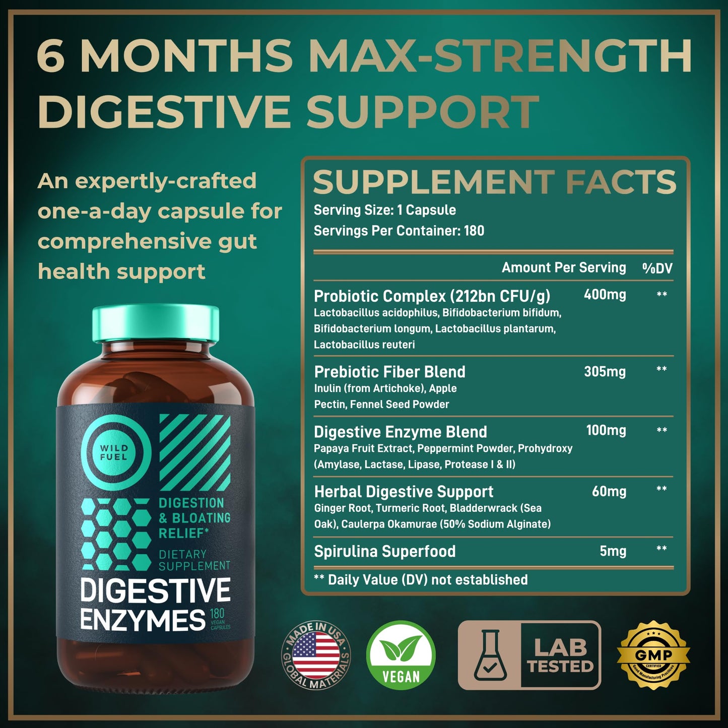 Digestive Enzymes for Women & Men with Probiotics & Prebiotics – Vegan Blend, 180 Capsules