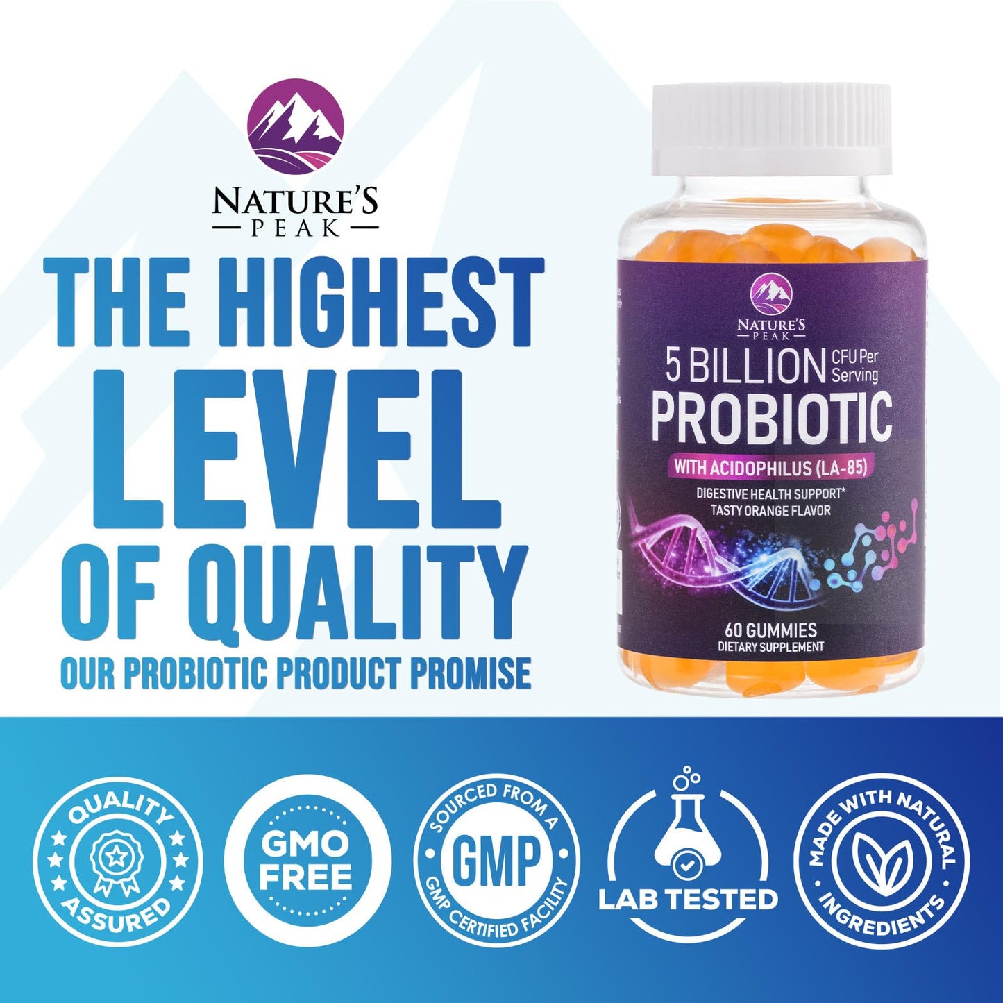 Probiotic Gummies 5 Billion CFU - 60 Count Orange Flavor | Digestive Health & Immune Support