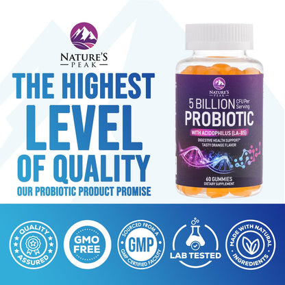 Probiotic Gummies 5 Billion CFU - 60 Count Orange Flavor | Digestive Health & Immune Support