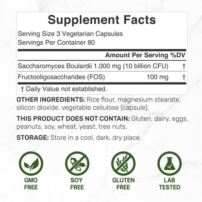 Saccharomyces Boulardii Probiotics + FOS – 10 Billion CFU, 240 Veggie Capsules | Gut, Immune & Digestive Health – Non-GMO