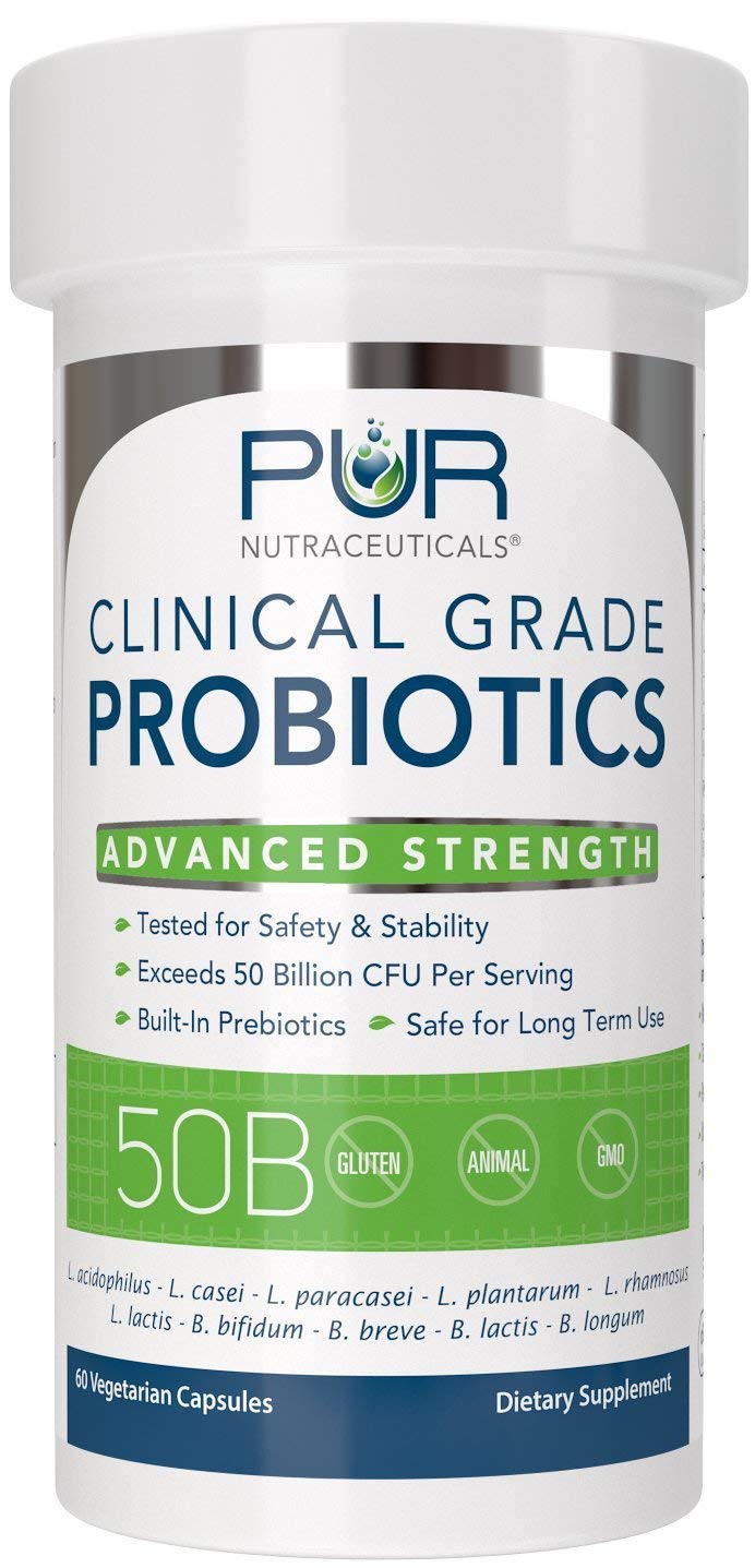 PUR Nutraceuticals Clinical Grade Probiotics - 50 Billion CFUs, 10 Strains, 2 Month Supply, Made in USA