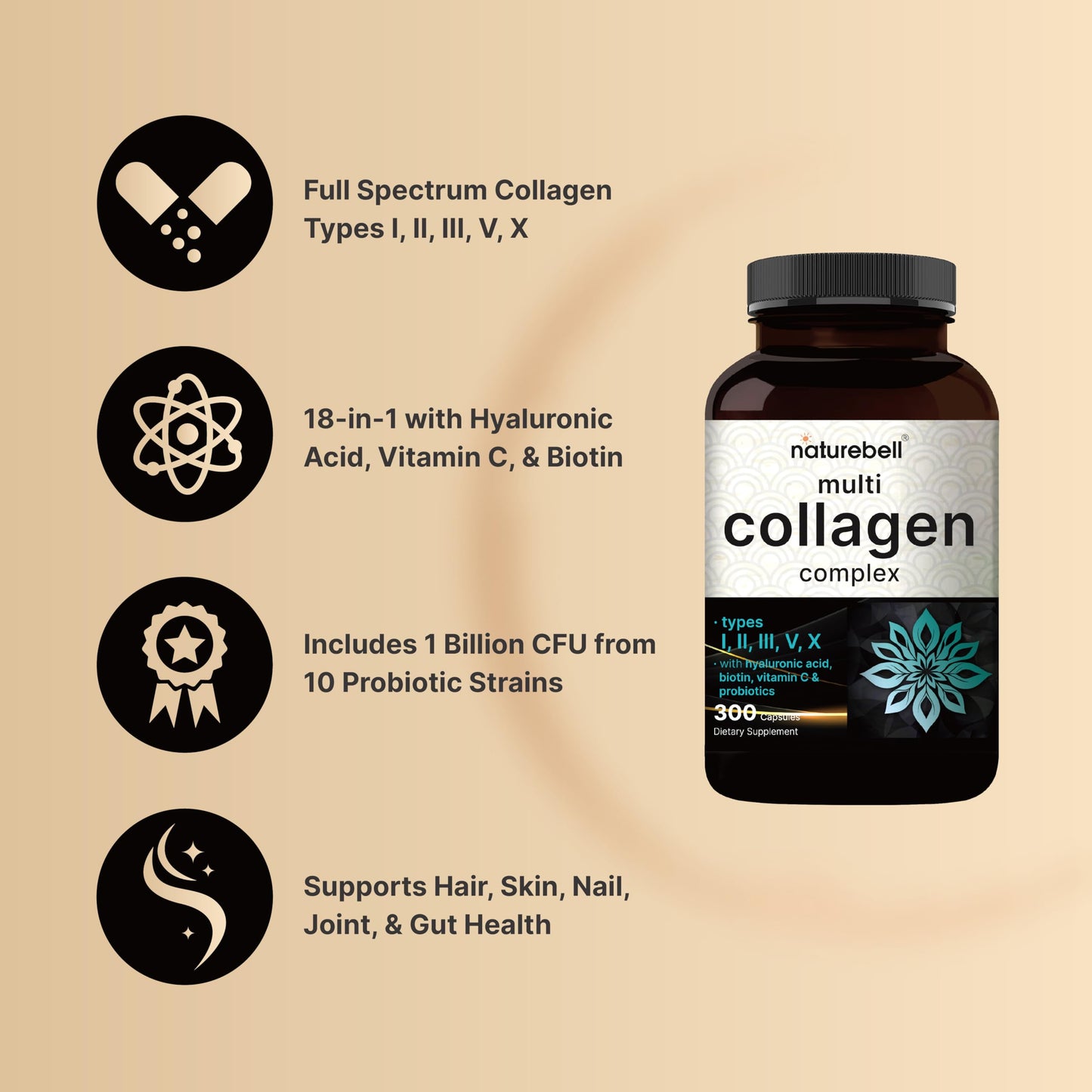 NatureBell Multi Collagen Complex – 300 Capsules, 5 Types + Hyaluronic Acid