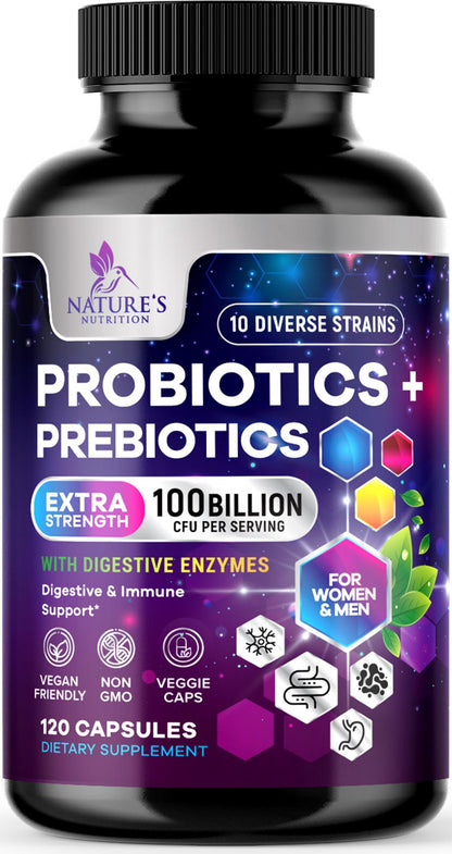 Probiotics 100 Billion CFU – 10 Strains & Prebiotics for Digestive Health & Immunity