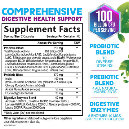 Probiotics 100 Billion CFU – 10 Strains & Prebiotics for Digestive Health & Immunity