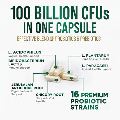 Probiotics 100 Billion CFU - 16 Strains + Prebiotics | 120 Capsules